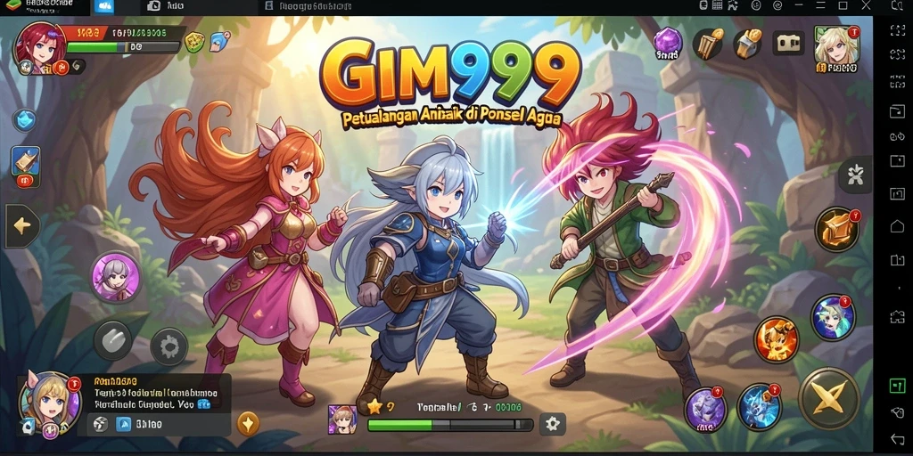 Tampilan gameplay GIM999 dengan karakter anime yang beraksi.