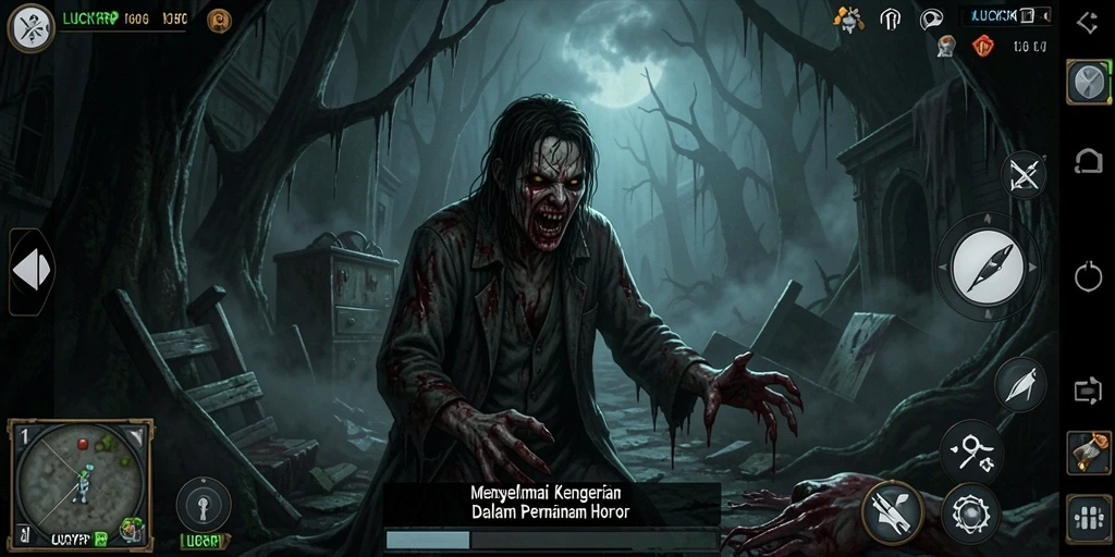 Tampilan gameplay seram LUCKYRP dengan suasana horor yang mendalam.