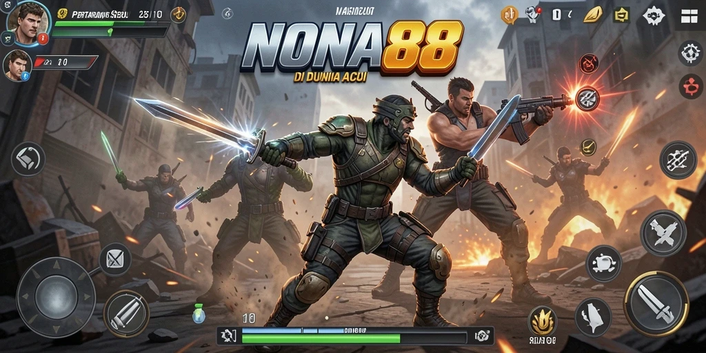 Screenshot utama NONA88 menunjukkan pertarungan seru dengan karakter yang beraksi.