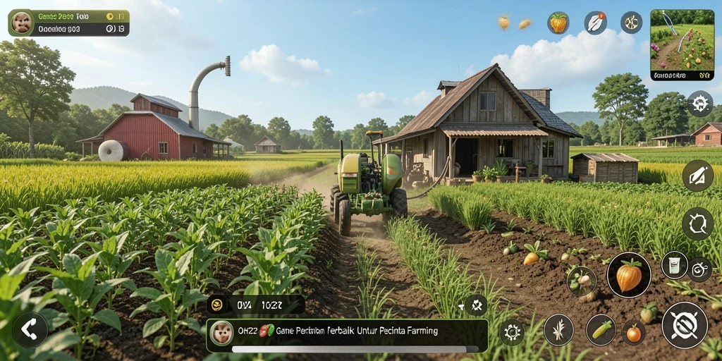 Tangkapan layar gameplay OH222 dengan ladang yang subur dan tanaman yang beragam.