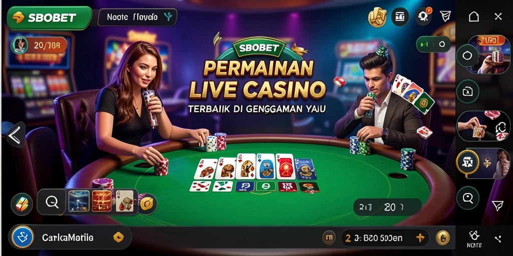 Screenshot SBOBET menunjukkan dealer langsung dan suasana penuh aksi di permainan Live Casino.